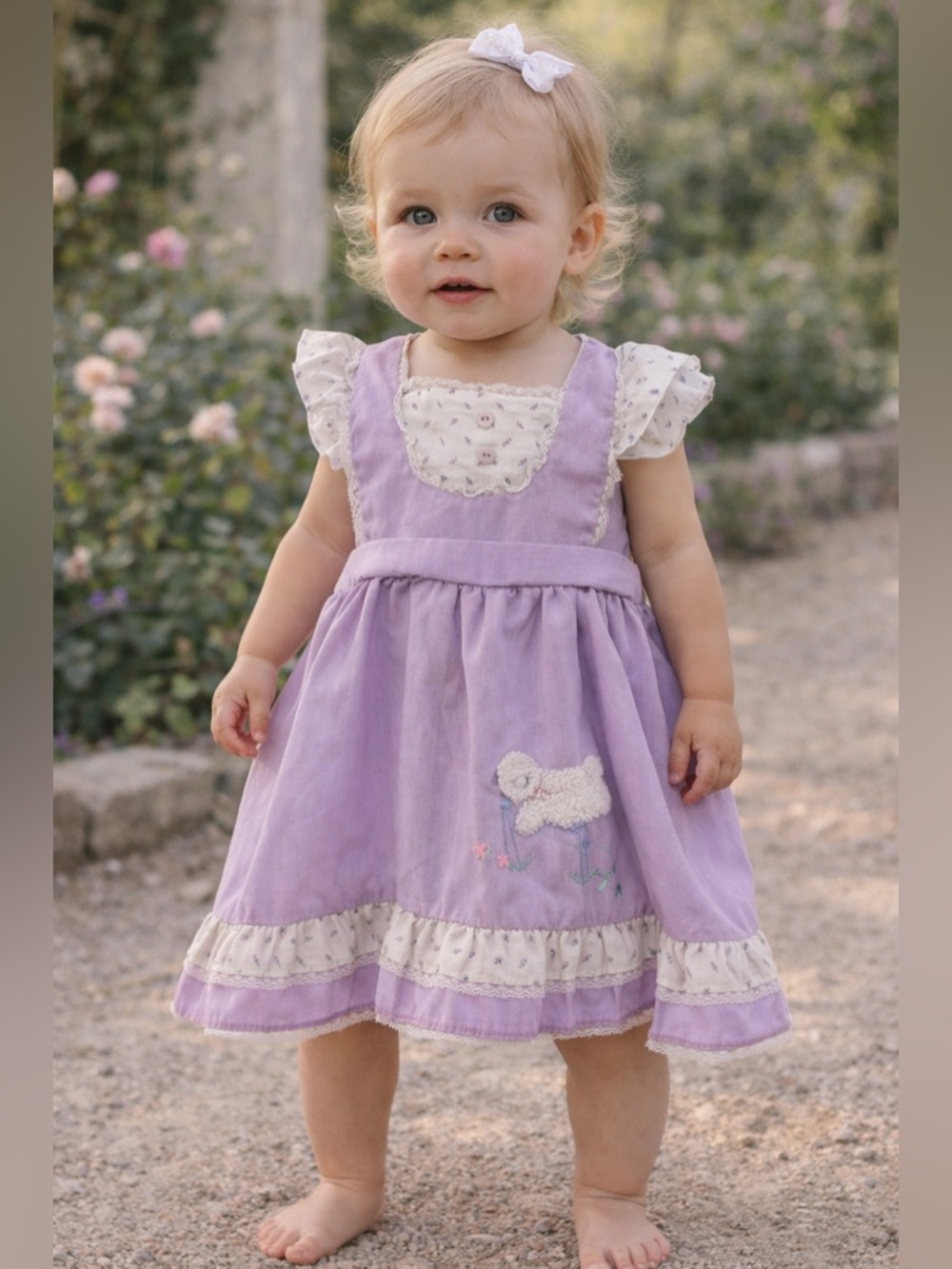 Vintage 90s Lilac Baby Dress 18M Lamb Embroidery Cottagecore Ruffle Prairie